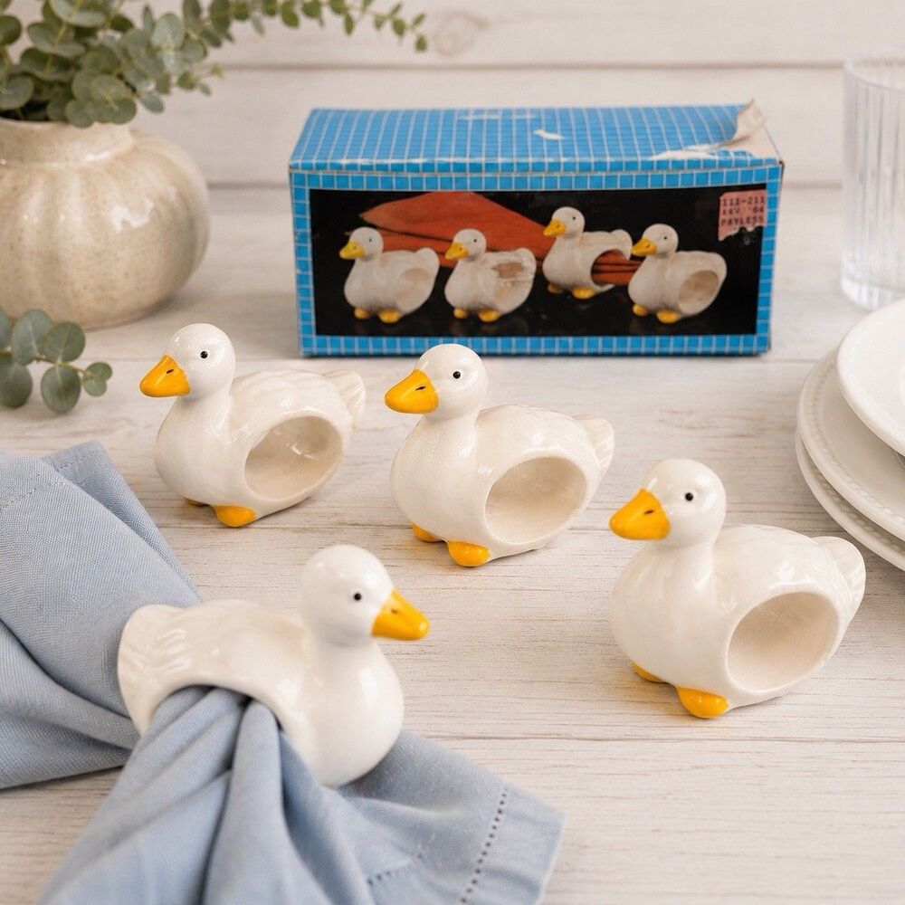 Vintage Ceramic Goose Napkin Ring Holder Set of 4 Taiwan Farmhouse Country Decor